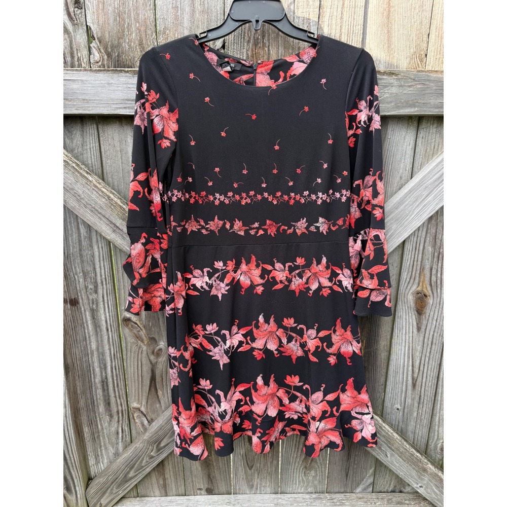 Alfani Womens Black Red Floral Bell Sleeve Fit Flare Dress Size 10 SP18